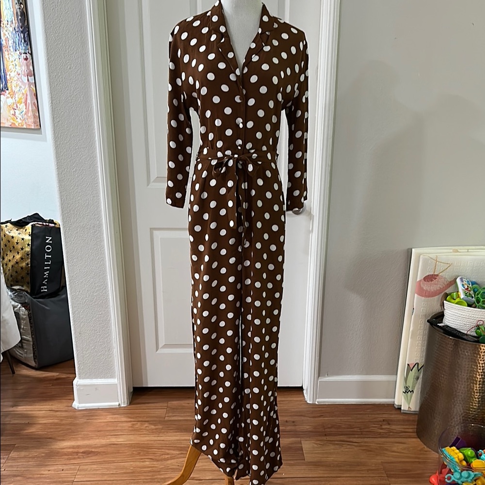 Mango Brown and White Polka Dot Jumpsuit